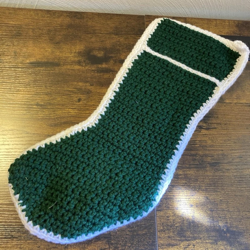 Hand Knit Christmas Stocking Solid Green Homemade White Trim 15" Vtg Xmas